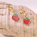 Creative strawberry fruit earrings with gold hoops and red enamel charms on stone - Strawberry Hoop Style B (EH655)