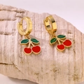 Creative cherry fruit hoop earrings with gold-plated finish and red enamel finish - Double Cherry Hoop Style A
