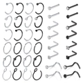 40-piece stainless steel nose ring set in black and silver featuring assorted crystal studs - Multi-style Assortment (H1688012706) / 40Pcs Pack / Black + Silver