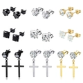 9-piece stainless steel earring set featuring zircon studs and cross charms in 3 colors - Mixed Multicolor Style