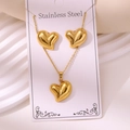 Vintage 18k vergulde roestvrijstalen sieradenset met hartjes hanger en bijpassende oorknopjes - 3D Vol Hart (TZ231)