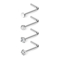 4-piece silver L-shaped nose stud set with cubic zirconia and polished steel tops - 0.8x7x1.5mm / Steel Color White Zirconia Set (Pack of 4)