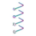 Detail of four L-shaped rainbow nose studs with flat disk, ball, and CZ stone settings - 0.8x7x1.5mm / Multicolor White Zirconia Set (Pack of 4)