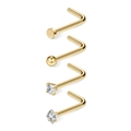 L-shaped gold nose studs set with ball, flat disc, round and square CZ prong settings - 0.8x7x1.5mm / Gold White Zirconia Set (Pack of 4)