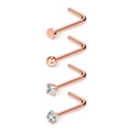 Macro shot of rose gold L-shaped nose studs set with ball, flat disc, round and square CZ - 0.8x7x1.5mm / Rose Gold White Zirconia Set (Pack of 4)