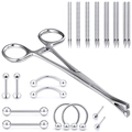 25-delige roestvrijstalen piercing set met zilveren tang, naalden en sieraad studs - Piercingnaald- en Sieradenset Optie C