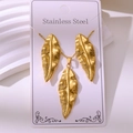 Vintage gold leaf pendant necklace and earrings set made of premium stainless steel - Engraved Feather (TZ199)