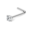 L-shaped stainless steel nose stud with a clear round cubic zirconia in 4-prong setting - L-Shape Nose Stud / 2.5MM (1 Piece/Pack) / Steel