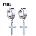 Detail of silver stainless steel earring featuring a cross pendant and polished finish - Thin Cross - Silver