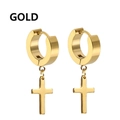 Detailed view of polished gold stainless steel hoop earrings with cross pendants - Thin Cross - Gold