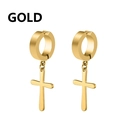 Close-up of gold stainless steel cross dangle earrings with polished magnetic ring hoops - Style E Cross Pendant / Gold