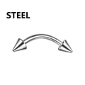 Detail of curved stainless steel eyebrow piercing ring with spike ends and steel mark - Silver Curved Barbell with Double Spike Ends