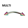 Detailed view of rainbow anodized stainless steel curved eyebrow rings with cone spikes - Rainbow Curved Barbell with Double Spike Ends