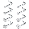 Lot de 8 piercings de nez en L en acier inoxydable avec oxydes de zirconium sertis griffes - 1.5-3mm / Tige Couleur Acier Avec Pierre Claire