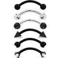 6pcs black stainless steel curved barbells set with zircon and spike for eyebrow piercing - 1.2x6x3mm (6-Piece Set) / Black