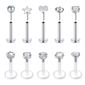 10-piece stainless steel labret stud set with star and heart shape zircon push-in jewelry - Mixed Shapes Style Set (如图10件套装) / 1.2x8x3mm