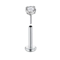 Polished stainless steel labret stud with a clear round cubic zirconia and flat base - Four-Prong Rhinestone Style (款式-1) / 1.2x8x3mm