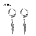 Polished stainless steel hoop earrings with detailed feather pendants in silver - Feather Pendant (Style-1)