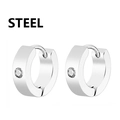 Classic silver stainless steel hoop earrings with round clear zircon stone inlay - Zirconia Inlaid Style (Style A) / Steel
