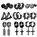 Set of 9 pairs black stainless steel earrings featuring cross, blade and geometric studs - Black Zirconia Set