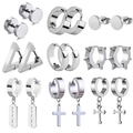 9-pair set of stainless steel earrings featuring cross, blade pendants and punk studs - Silver Jewelry Set