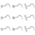 9pcs set of stainless steel L-shaped nose studs with sparkling CZ crystals in silver finish - Silver Tone 9-Piece Set (White Zirconia)