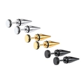 Macro shot of stainless steel spiked cone stud earrings set in silver, gold, and black - Spike Taper Stud Earrings Three Pair Set / Silver Gold Black Set