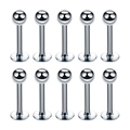 Set of 10 stainless steel labret studs with round balls and flat back for piercings - Ball Style / 1.2x6x3mm (10 Pieces) / Steel