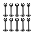 Detailed set of 10 black stainless steel labret studs with ball tops for body piercing - Ball Style / 1.2x6x3mm (10 Pieces) / Black