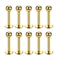Detailed set of ten gold-toned stainless steel labret studs for lip and ear piercings - Ball Style / 1.2x6x3mm (10 Pieces) / Gold
