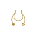 Detailed view of U-shaped gold non-piercing magnetic nose ring with dual metal beads - Style C Gold
