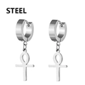 Silver stainless steel huggie earrings featuring dangling Ankh cross pendants - Ankh Cross - Silver