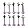Detailed set of ten iridescent spiked stainless steel labret studs with flat backs - Spike Style / 1.2x6x3mm (10 Pieces) / Colorful