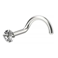 Detail of silver stainless steel L-shaped nose stud with 4-claw set clear zircon stone - Curved Barbell / 0.8x7x1.5mm / Steel