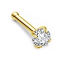Macro detail of 14K gold-plated nose stud featuring a 4-claw set clear cubic zirconia stone - Straight Bar / 0.8x7x1.5mm / Gold
