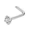 Macro shot of L-shaped stainless steel nose stud featuring a 4-claw set zircon gem - L-shaped Bar / 0.8x7x1.5mm / Steel