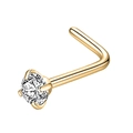 Close-up of a 14K gold-plated nose stud with a clear four-prong set round zircon - L-shaped Bar / 0.8x7x1.5mm / Gold