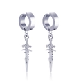 Silver stainless steel huggie earrings with sword pendant charms set on white background - Ear Clip-1 Pair / Steel