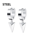 Polished silver stainless steel hoop earrings with 3D geometric cone pendant for men - Triangle Cone - Silver