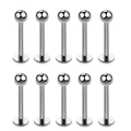 Detailset aus zehn silbernen Edelstahl-Labret-Steckern mit flacher Basis und Kugel - Modell F Kugel Labret Stecker / 10 Stück/Packung (1.2x8x3mm) / Silber
