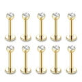 Nahaufnahme von 10 goldenen Lippensteckern aus Edelstahl mit klaren Zirkonia-Steinen - Modell E Pave Zirkon Labret Stecker / 10 Stück/Packung (1.2x8x3mm) / Gold
