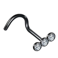 Detalle del piercing de nariz negro en acero inoxidable con tres circonitas blancas - Poste Curvo Negro Zirconia Blanca
