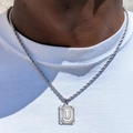 Collar de plata con colgante cuadrado letra U y cadena de cuerda trenzada gruesa - Letra U (XL224) / Con cadena / Color acero