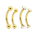 Detail of four golden curved eyebrow rings featuring classic ball and claw-set zircon studs - 4 Pieces/Set / Gold