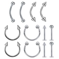 12-piece stainless steel piercing set including horseshoe rings, labrets and curved barbells - Small Style / Steel