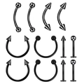 10-piece black stainless steel piercing set with horseshoes, eyebrow rings and labrets - Small Style / Black