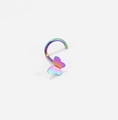 Macro detail of rainbow butterfly nose stud featuring a dual-layer 3D metal wing design - AB Color