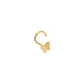 Macro view of a golden butterfly nose stud with curved stainless steel bar detail - Gold