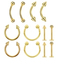 Detailed set of golden stainless steel horseshoe rings, eyebrow studs and lip piercings - Medium Style / Gold
