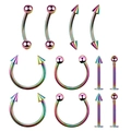 Rainbow stainless steel body jewelry set including horseshoe rings and curved barbells - Small Style / Colorful